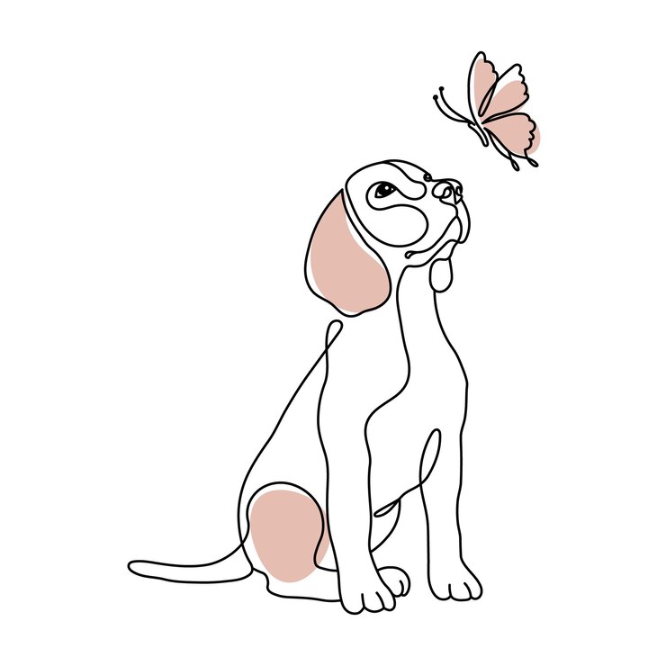 Vettore beagle cane e farfalla, line art. disegno di contorno e macchie colorate in colori pastello