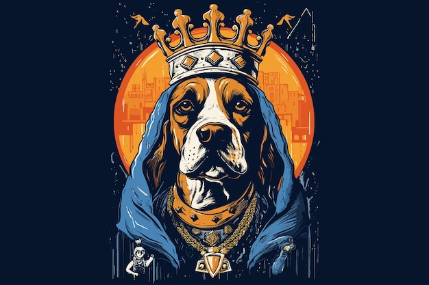 Beagle King un cane con una corona in testa nello stile dei personaggi della street art Illustrazione vettoriale