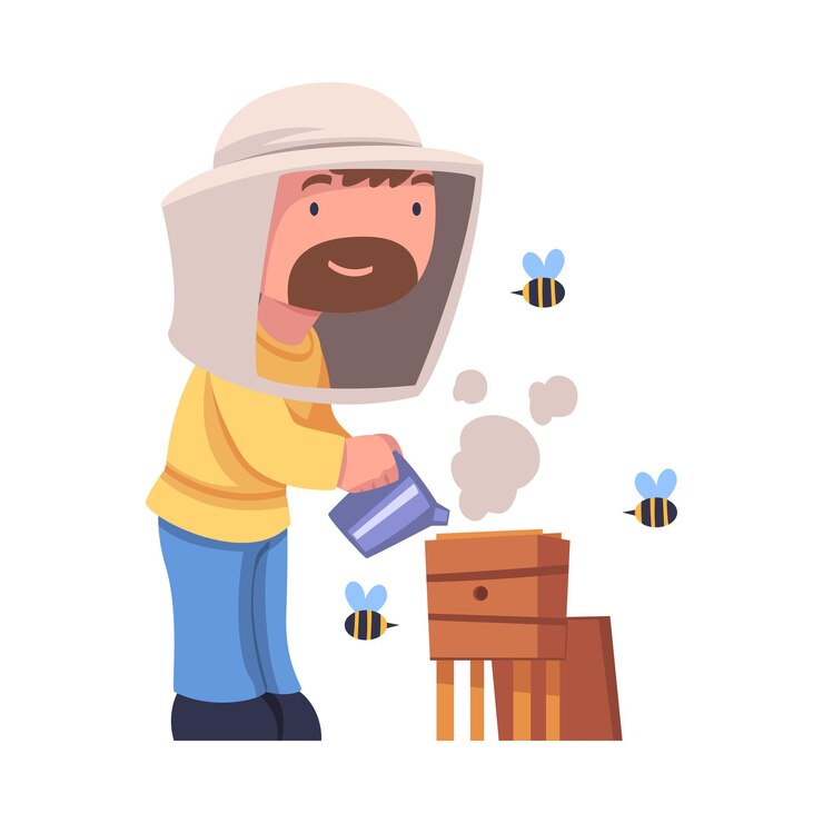 Vettore bearded beekeeper with smoker keeping honey bee engaged in apiculture vector illustration
