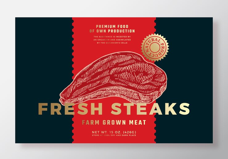 Vettore beef steak vector packaging label design template hand drawn meat sketch layout di sfondo