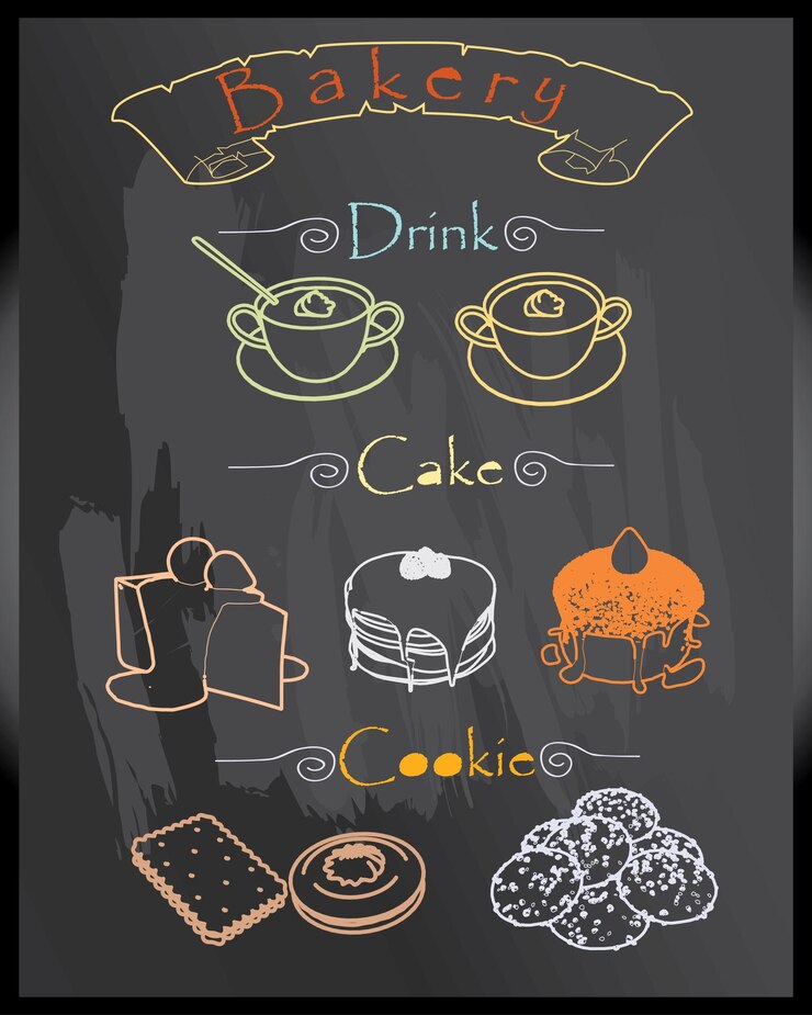 Bekery Menu impostato disegnato a mano sulla lavagna Ristorante