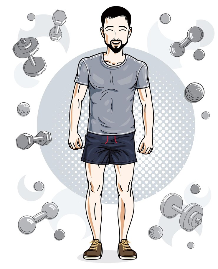Vettore bel giovane brunet con barba e baffi posa su sfondo semplice con manubri e bilancieri. illustrazione vettoriale di sportivo. tema di allenamento e allenamento.