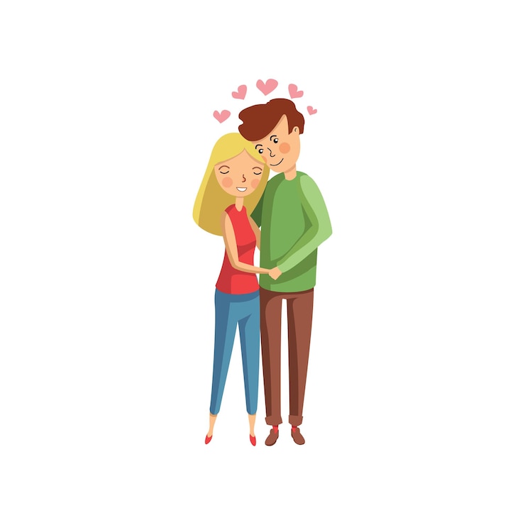 Vettore bel ritratto di coppia che abbraccia cuori rosa che volano sopra le loro teste ragazza carina e ragazzo tema romantico e amore illustrazione vettoriale colorato in stile piatto isolato su sfondo bianco