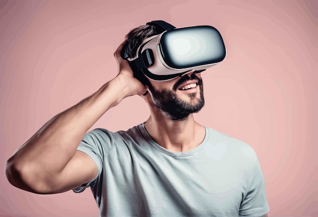 bell'uomo barbuto nel casco vr tecnologia futura della realtà virtualebel uomo barbuto nel casco vr