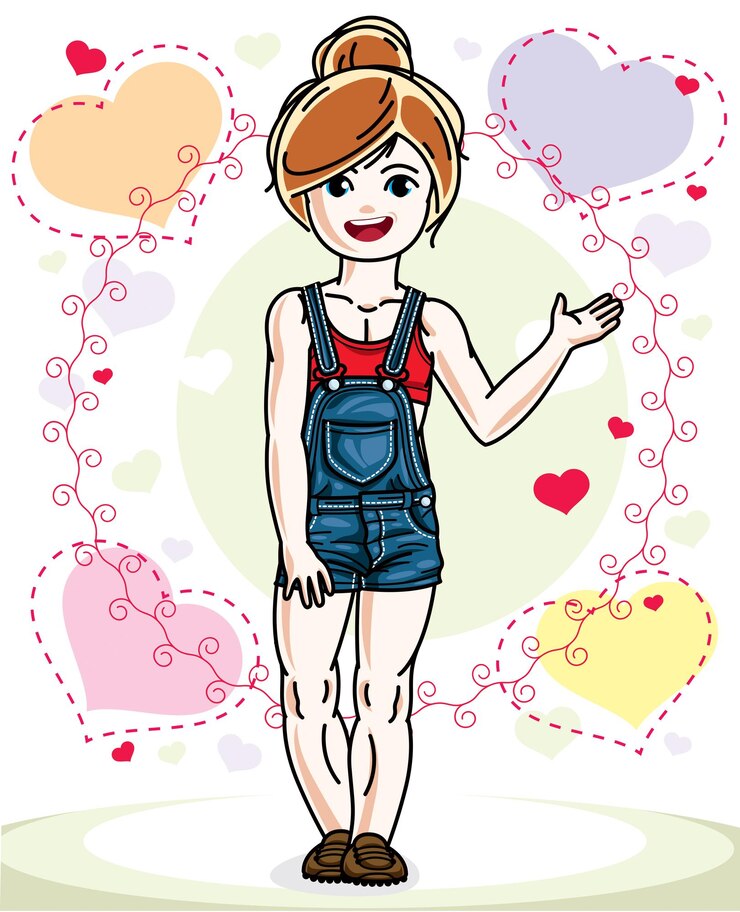 Vettore bella bambina felice dai capelli rossi in abiti casuali eleganti che posa su uno sfondo colorato con cuori romantici. illustrazione vettoriale di un ragazzo attraente.