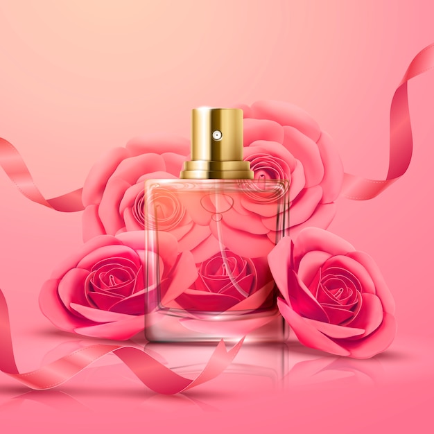 Bella bottiglia di profumo di vetro e decorazioni di rose rosa nell'illustrazione 3d