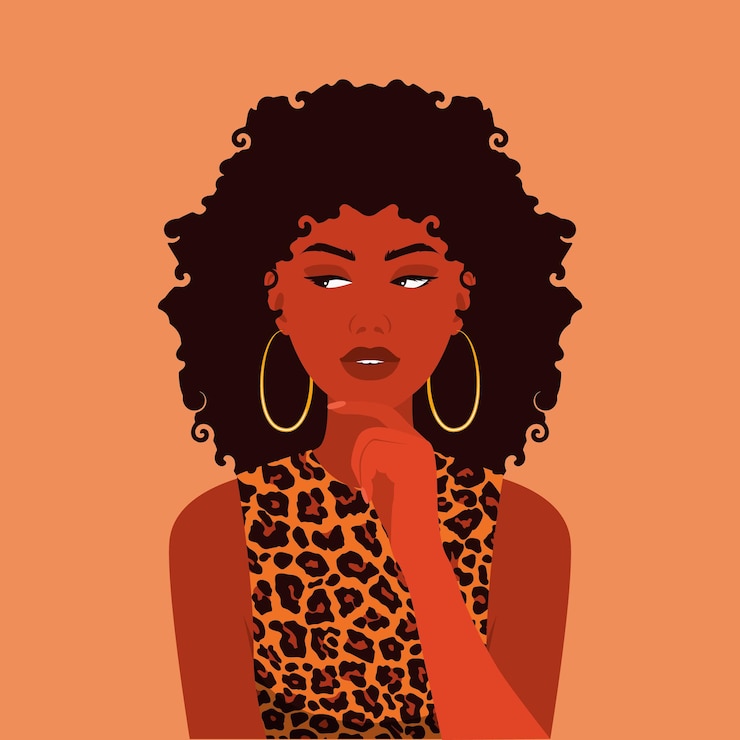 Vettore bella bruna confuso nero afro pensando donna giovane signora ragazza guardare da parte percezione riflessione fare una scelta concetto mano vicino al viso illustrazione vettoriale ritratto avatar vista frontale