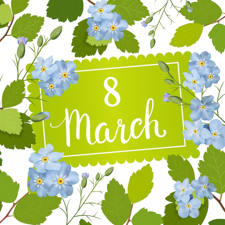 Vettore bella cartolina d'auguri con la festa dell'8 marzo, giornata internazionale della donna. bella cartolina d'auguri con una cornice di fiori primaverili blu e lettering.