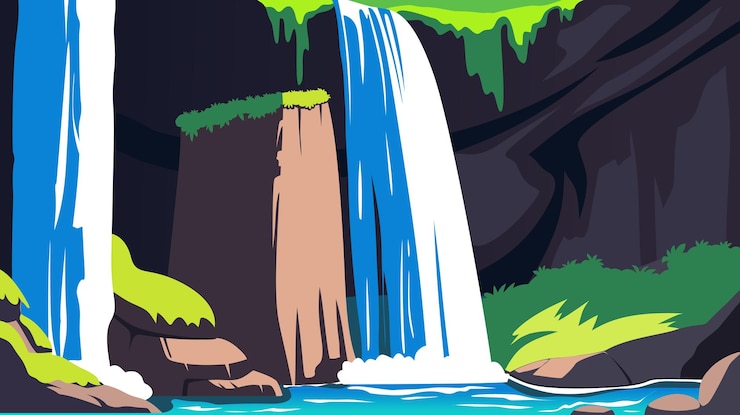 Vettore bella cascata con rocce intorno a lei sullo sfondo con un concetto di paesaggio naturale in stile piatto