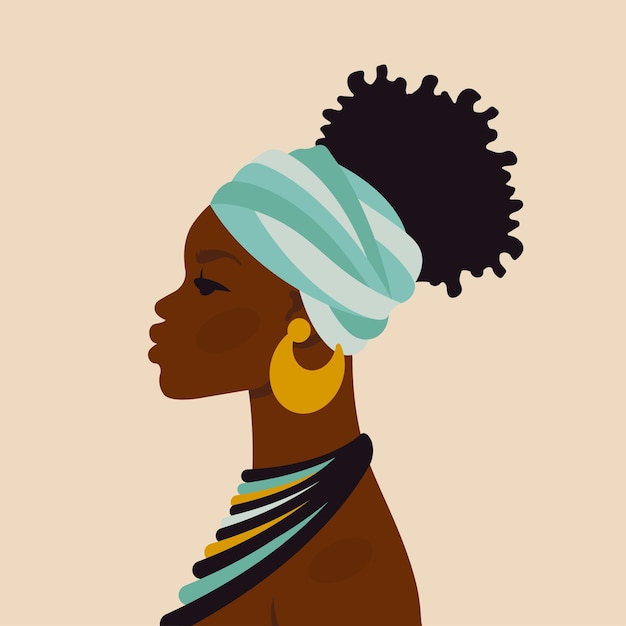 Bella donna africana Carattere di etnia femminile in abito nazionale ornamenti turbante Ritratto arte Giovane ragazza afroamericana per avatar carta moda bellezza cartone animato vettoriale illustrazione piatta