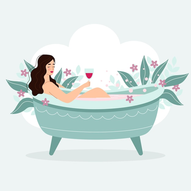 Bella donna bruna con un bicchiere di vino rosso in bagno Relax spa cura del corpo Illustrazione vettoriale in stile piatto cartone animato