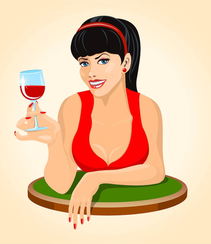 Vettore bella donna bruna in abito rosso con un bicchiere di vino