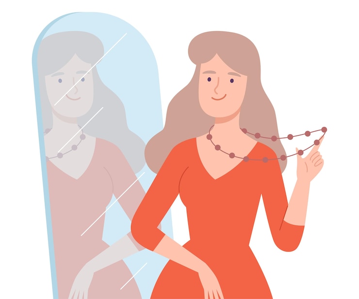 Vettore bella donna che prova perle in piedi davanti allo specchio illustrazione vettoriale in stile cartone animato