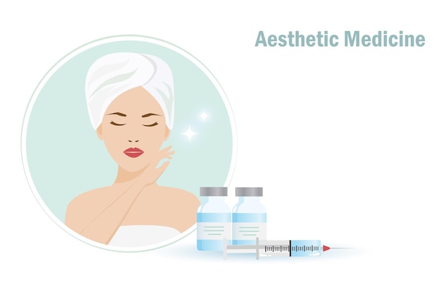 Bella donna con siero di medicina estetica filler dermico e siringa Cosmetologia di chirurgia plastica