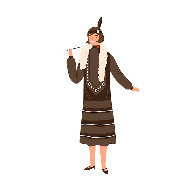 Bella donna in abbigliamento vintage tenere boccaglio vettore illustrazione piatta. La femmina alla moda sorridente dimostra lo stile degli anni '20 isolato su bianco. Signora con accessori alla moda. Moda del 20° secolo.