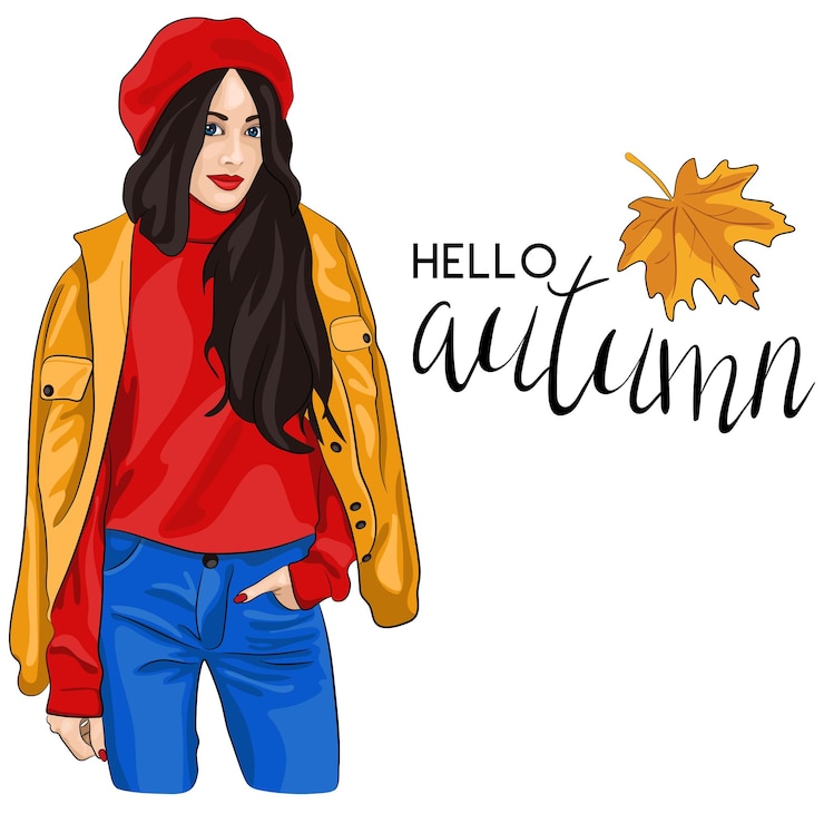 Vettore bella donna in berretto rosso fumetto illustrazione vettoriale. look autunnale alla moda di parigi con scritte