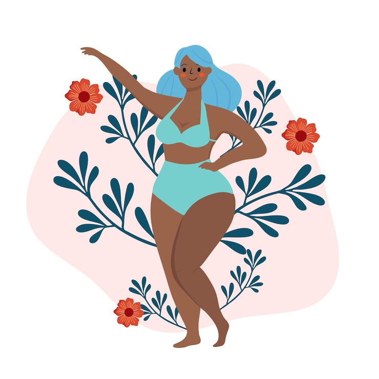 Vettore bella donna in bikini che posa con i fiori sul retro corpo positivo e ama il tuo corpo
