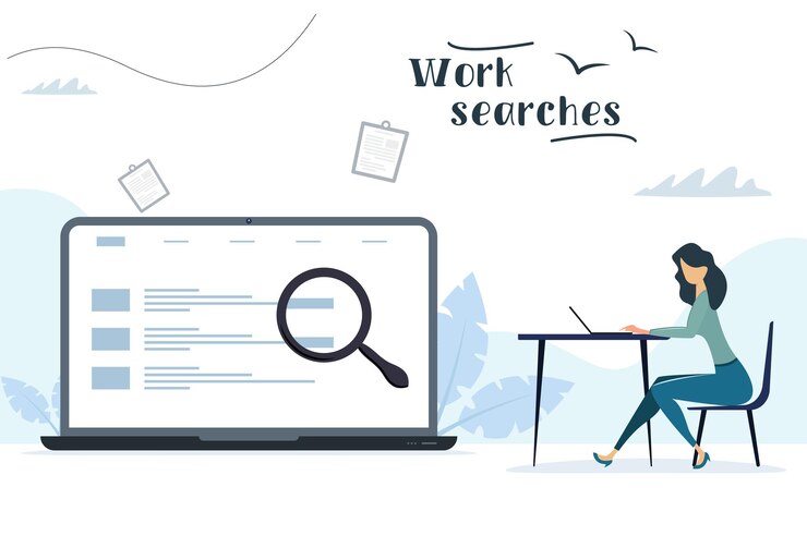 Vettore bella donna in cerca di lavoro nel computer portatile. ricerca lavoro, visualizzazione siti. illustrazione vettoriale in moderno