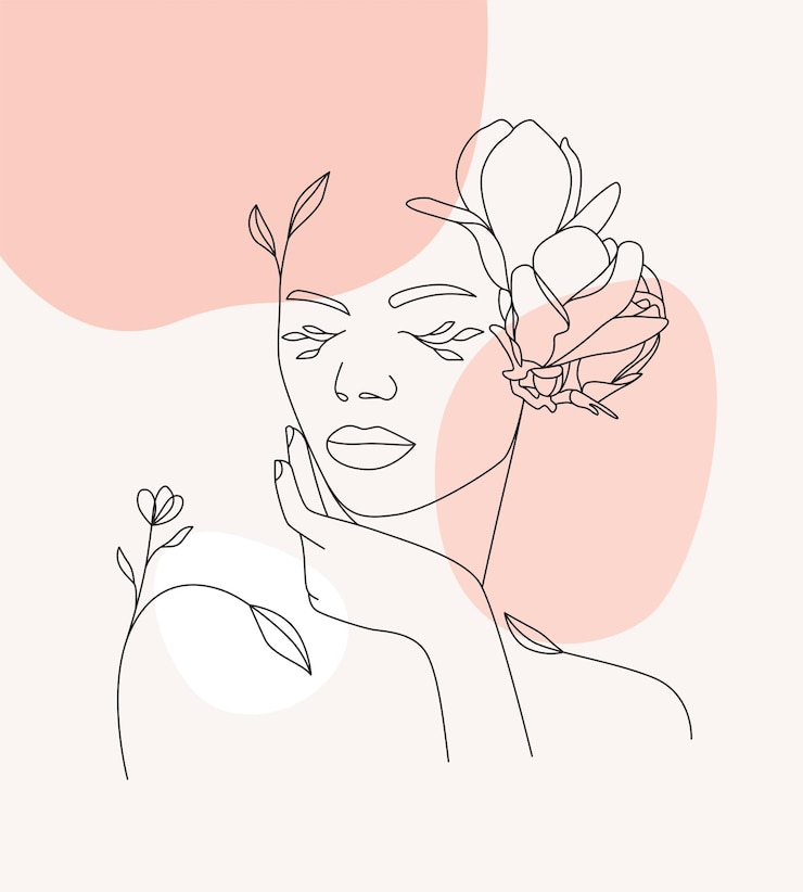 Vettore bella donna linea arte e fiori