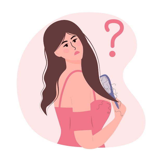 Bella donna sta pettinando i capelli e soffre di perdita di capelli Alopecia per la cura dei capelli