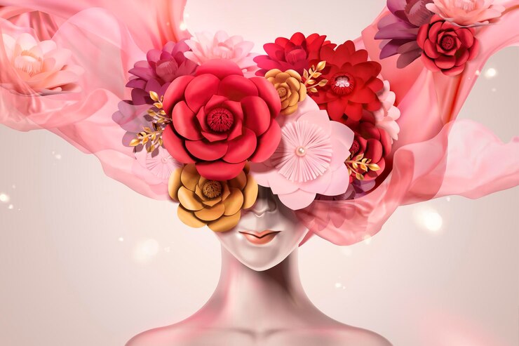 Bella e misteriosa donna con copricapo di fiori di carta e chiffon volante in stile 3d