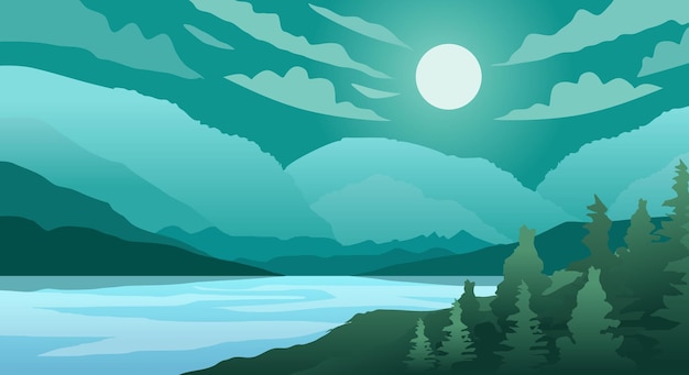 Bella foresta di montagna e lo sfondo del paesaggio del lago