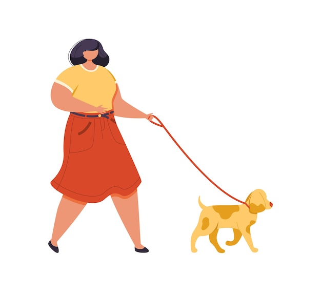 Bella giovane donna vestita con abiti colorati che camminano cane al guinzaglio.