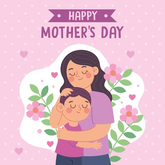 Bella illustrazione del giorno della madre con fiori di rosa e viola
