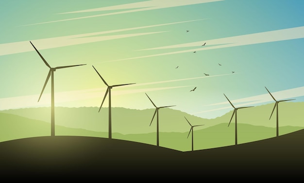 Bella illustrazione del paesaggio con le turbine eoliche al tramonto. Green power del futuro.