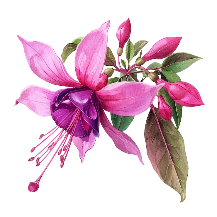Vettore bella illustrazione vettoriale di fiori di fucsia in stile acquerello