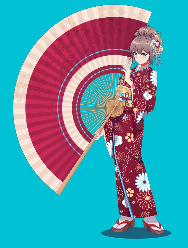 Vettore bella manga giovane donna in kimono che tiene in mano un ventilatore di carta