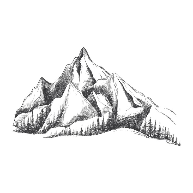 Bella mano disegnare paesaggio con disegno di schizzo di montagna