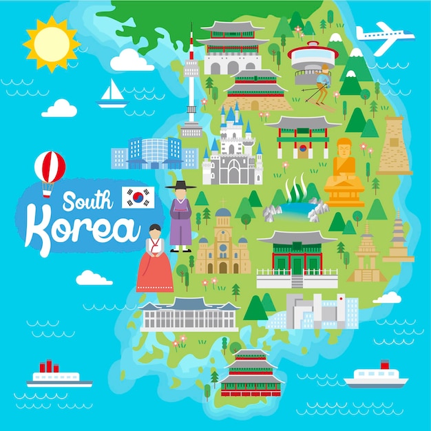 Bella mappa di viaggio della Corea del Sud in stile piatto