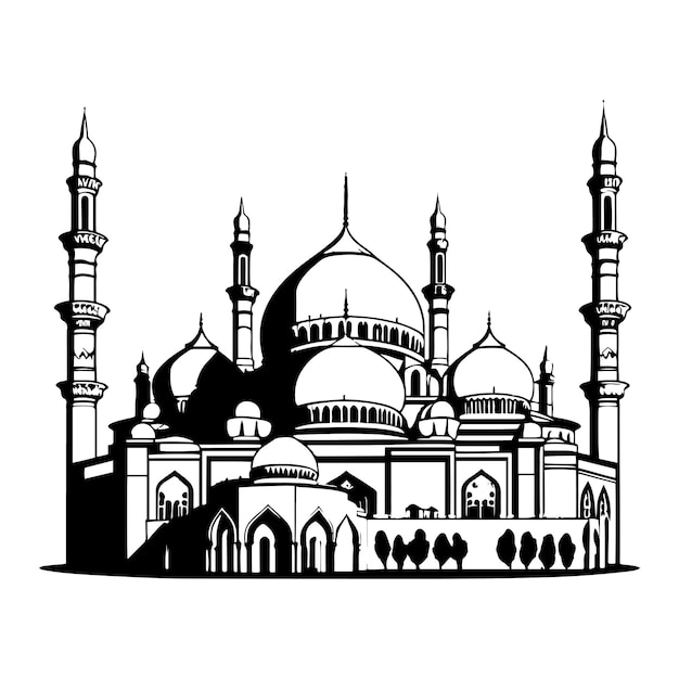 Bella Moschea Contorno vettoriale Schizzo disegno. Sagoma, icona, logo della moschea.