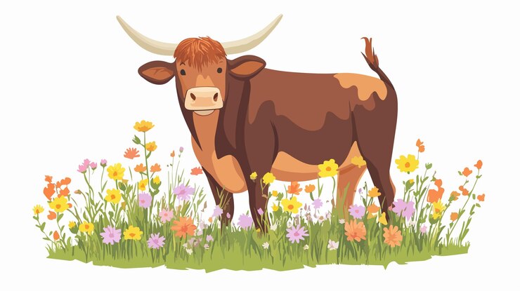 Vettore bella mucca a corna lunga che pasca in un vivace campo di fiori illustrazione vettoriale piatta