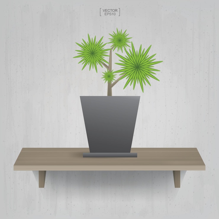 Vettore bella pianta della decorazione in vaso di fiori sul fondo di legno dello scaffale. idea per l'interior design e la decorazione. illustrazione vettoriale.