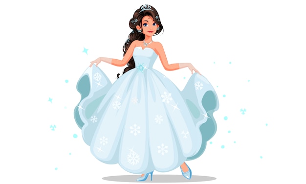 Bella principessa carina tenendo la sua lunga illustrazione vettoriale vestito bianco