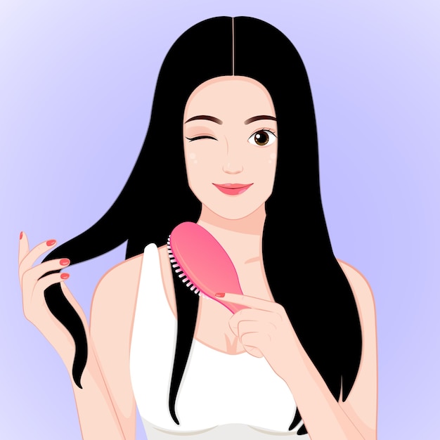 Bella ragazza asiatica sorridente che pettina i suoi capelli lunghi e dritti concetto di cura dei capelli capelli lunghi
