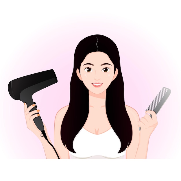 Bella ragazza asiatica sorridente tenendo asciugacapelli e pettine concetto di cura dei capelli capelli lunghi di trattamento dei capelli