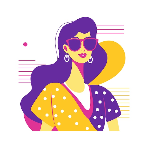 Bella ragazza che indossa occhiali da sole in stile retro con decorazioni di Memphis
