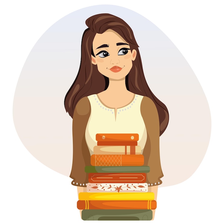 Vettore bella ragazza che tiene i libri nelle sue mani. illustrazione accogliente e calda