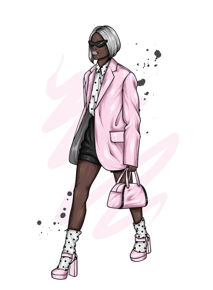 Vettore bella ragazza con abiti alla moda giacca corti borsa e scarpe moda e stile acc