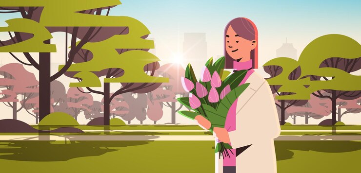 Vettore bella ragazza con bouquet di fiori 8 marzo internazionale felice festa della donna celebrazione concetto sfondo paesaggio orizzontale ritratto illustrazione vettoriale