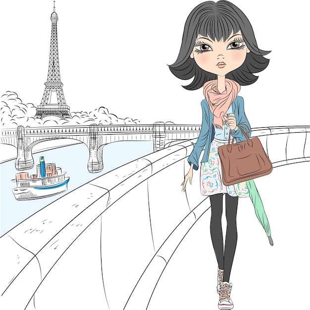 Bella ragazza di moda con una sciarpa con un ombrello e una borsa che cammina sul lungomare con vista sulla Torre Eiffel a Parigi