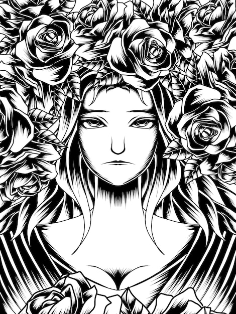 bella ragazza illustrazione piena di rose line art