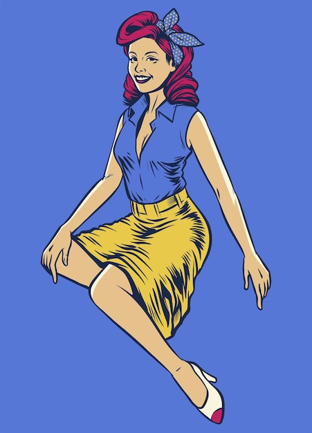 Bella ragazza pinup posa in stile vintage disegno