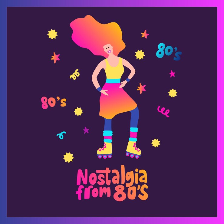 Vettore bella ragazza skater funky poster pattinaggio anni '80 isolato disegno colorato attività di festa