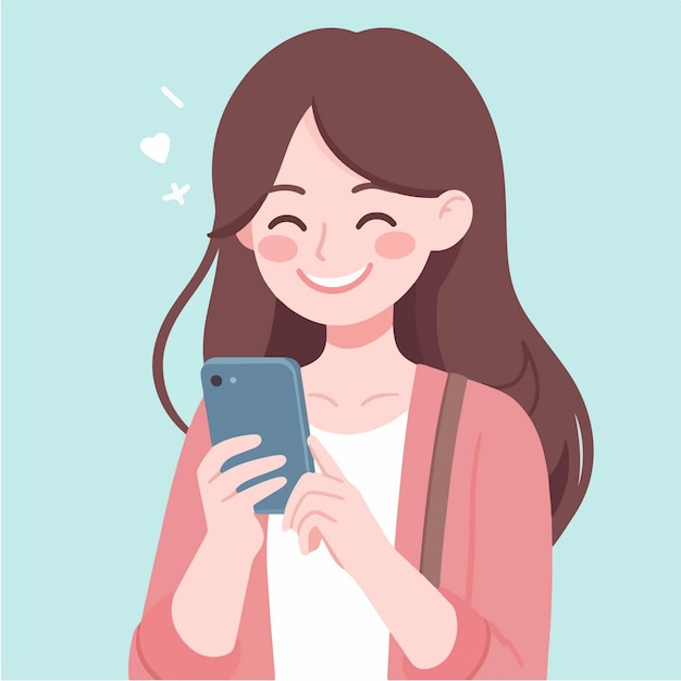 bella ragazza sorride felicemente guardando il suo cellulare