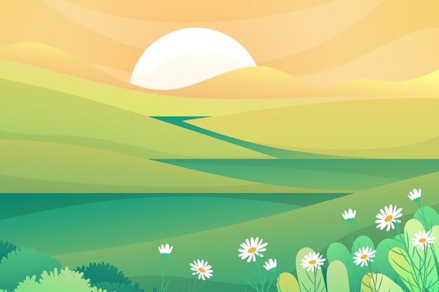 Bella scena della natura con il sole che sorge sopra il monte al mattino, illustrazione del paesaggio