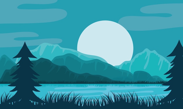 Bella scena di colore blu del paesaggio con l'illustrazione del sole e del lago